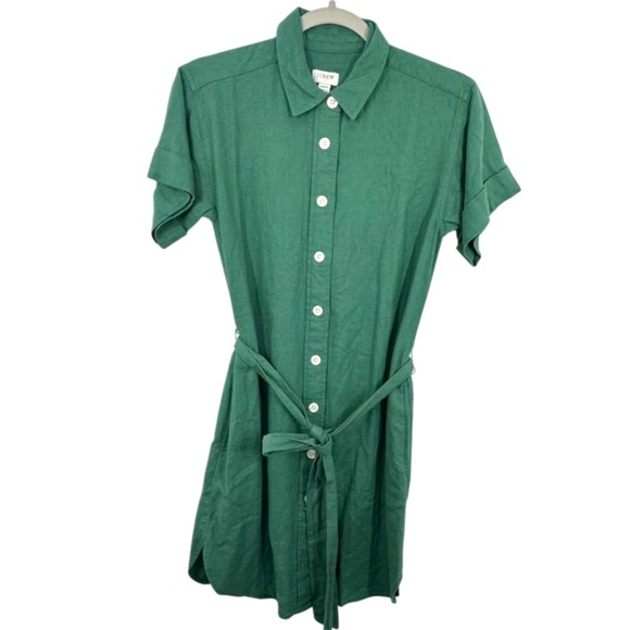 J.Crew Dresses & Skirts - J. Crew Green Linen Blend Short Sleeve Button Front Belted Shirt Dress XXS NWT